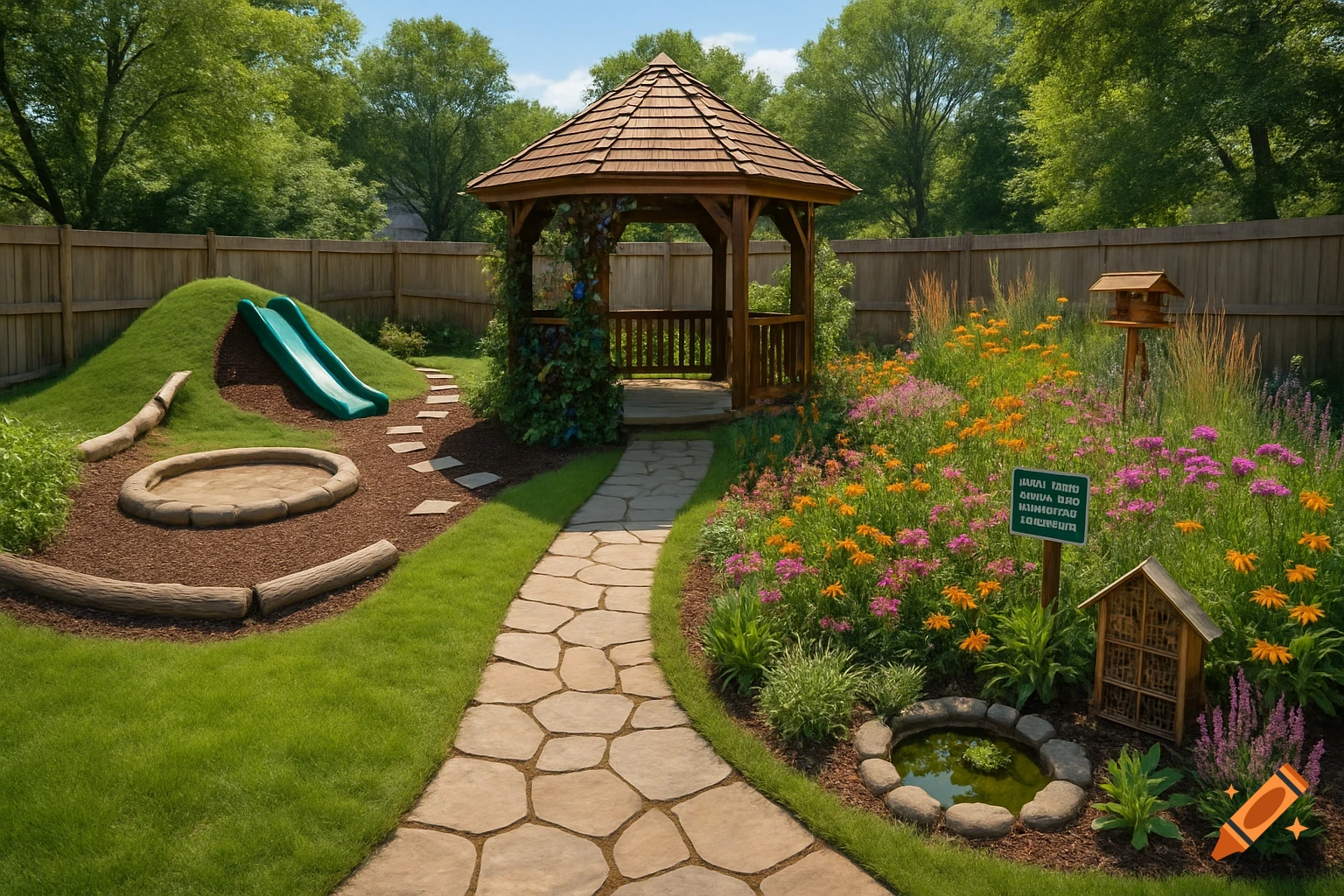 Photorealistic backyard garden with a gazebo, slide on a grassy hill, sandbox, stone path, and vibrant wildflower garden.