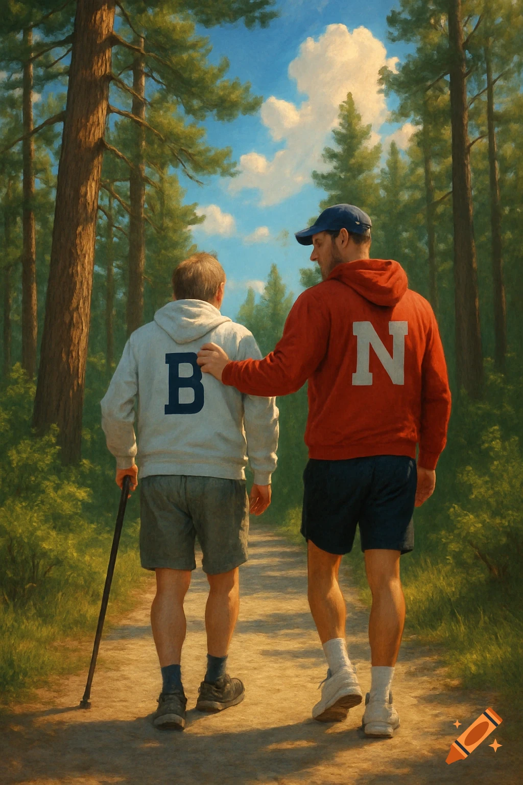 Two men walk on a forest trail. One in a grey 'B' hoodie with a cane, the other in a red 'N' hoodie with his hand on the first man's shoulder. Painting.