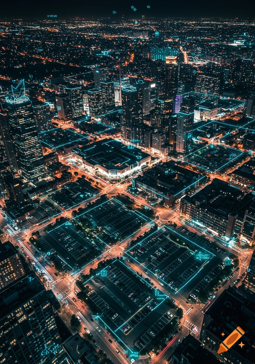 Aerial night view of a futuristic city with glowing blue grid lines highlighting infrastructure and data visualization overlays.