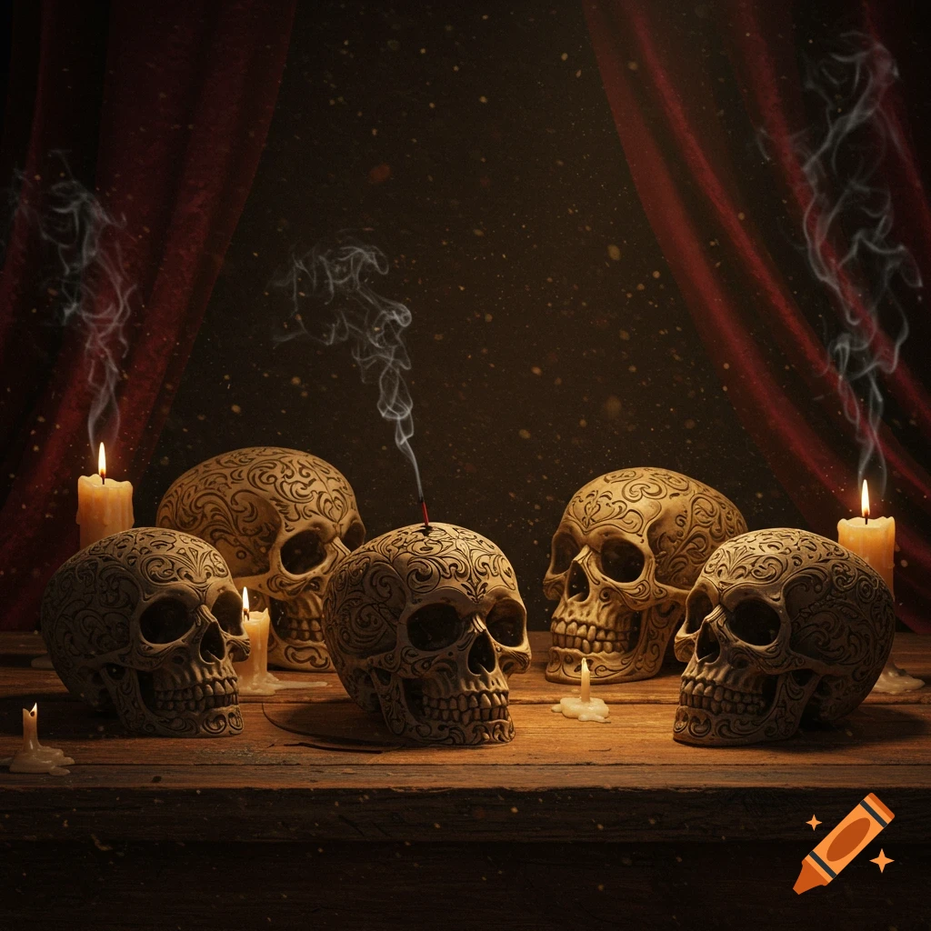 Five ornate, carved skulls on a rustic wooden table, illuminated by candles with smoke rising, against dark red curtains.