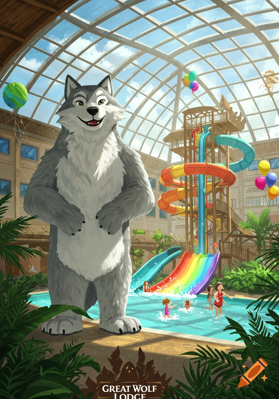 A large cartoon wolf mascot stands in a vibrant indoor water park with slides, a pool, and children playing.