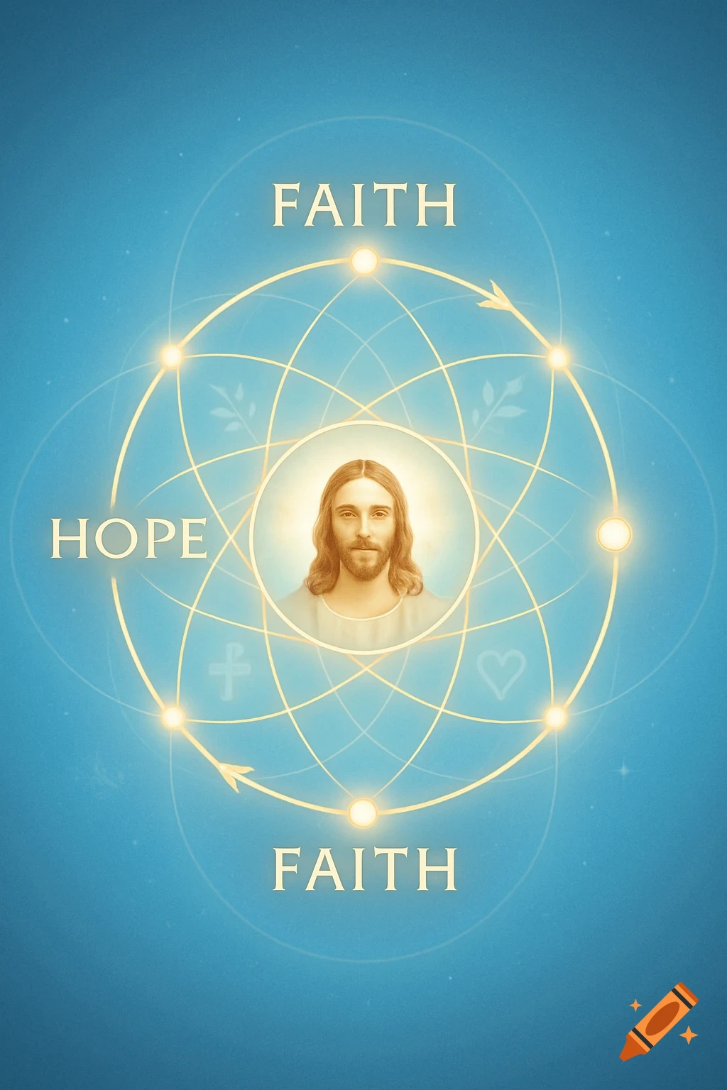 Illustration of Jesus Christ at the center of a glowing circular diagram with words 'FAITH' and 'HOPE' on a blue background.