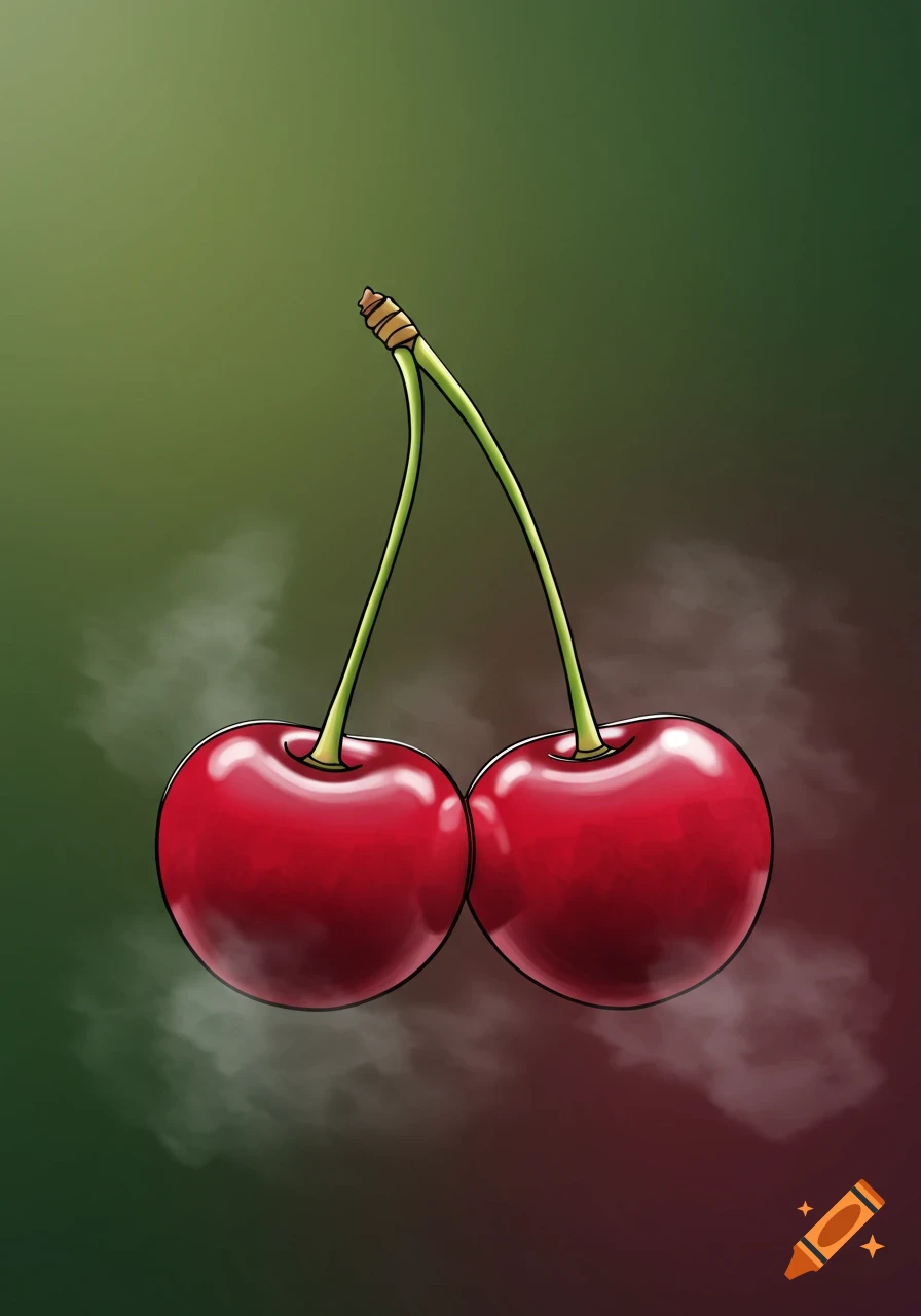 Two red cherries with green stems on a dark green and red gradient background, in an illustrative style.