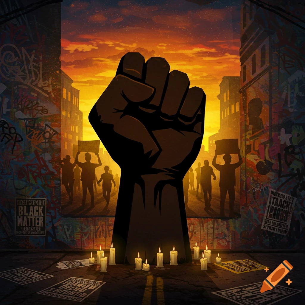 A stylized black fist raised against an orange sunset sky, with silhouettes of protestors in a city street and candles on the ground.