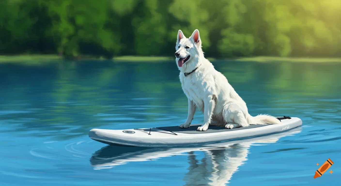 A white dog sits on a paddleboard on a calm blue lake, with soft-focus green trees in the background under sunlight.