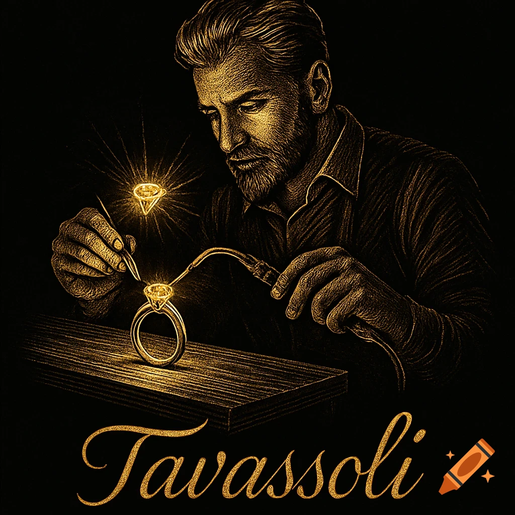 Artistic golden illustration of a bearded jeweler meticulously working on a sparkling diamond ring, with "Tavassoli" text below.