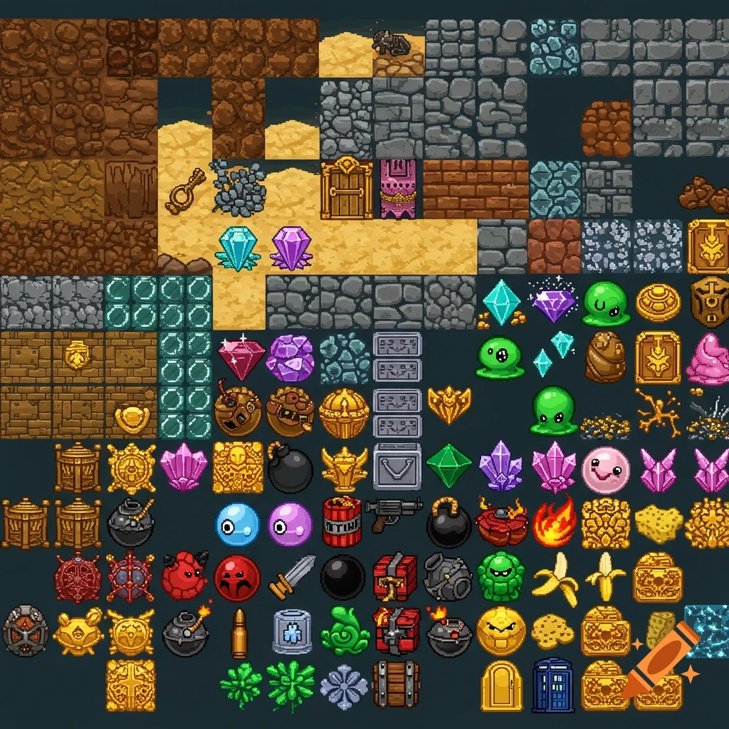 A pixel art game tilesheet featuring various items and textures including mud, sand, stone, gems, slimes, bombs, weapons, and a UK Police Box.
