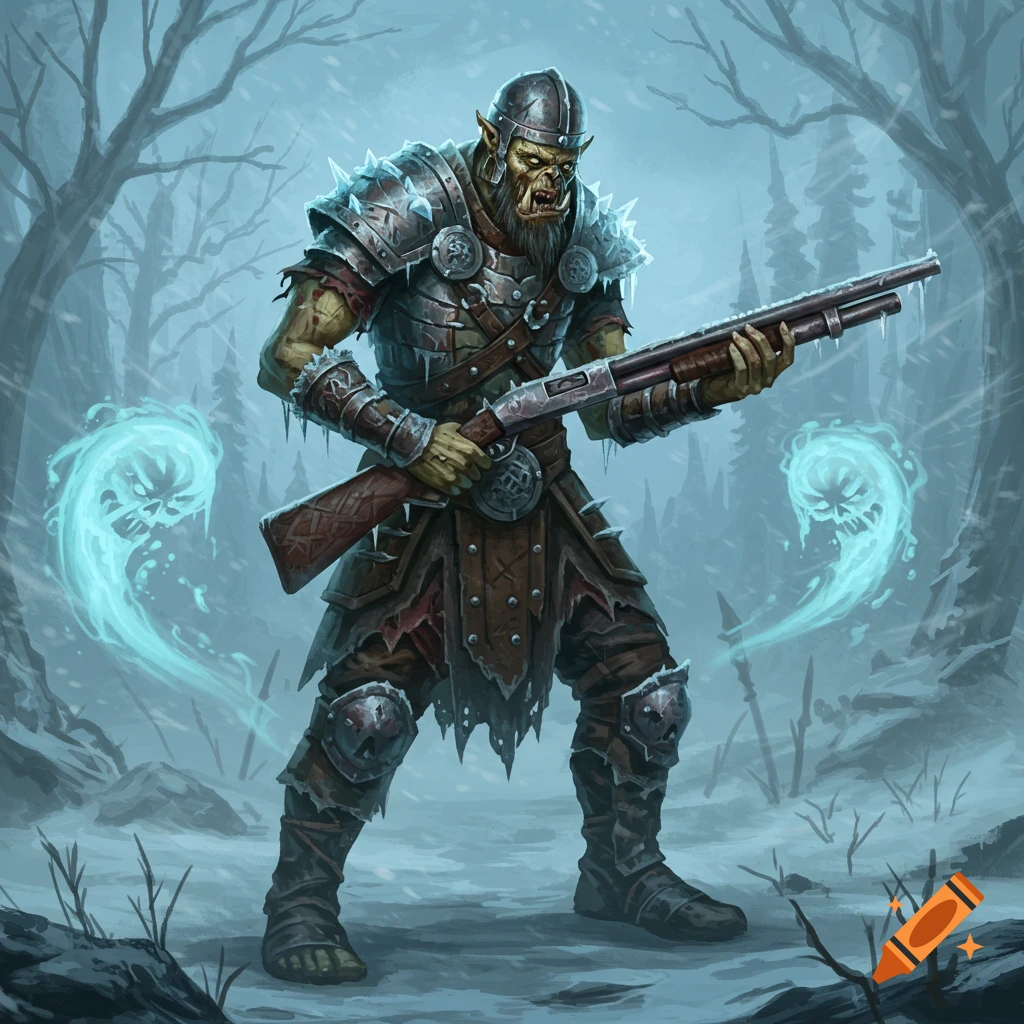 A fantasy illustration of a heavily armored orc holding a shotgun in a snowy forest, with two ghostly apparitions.