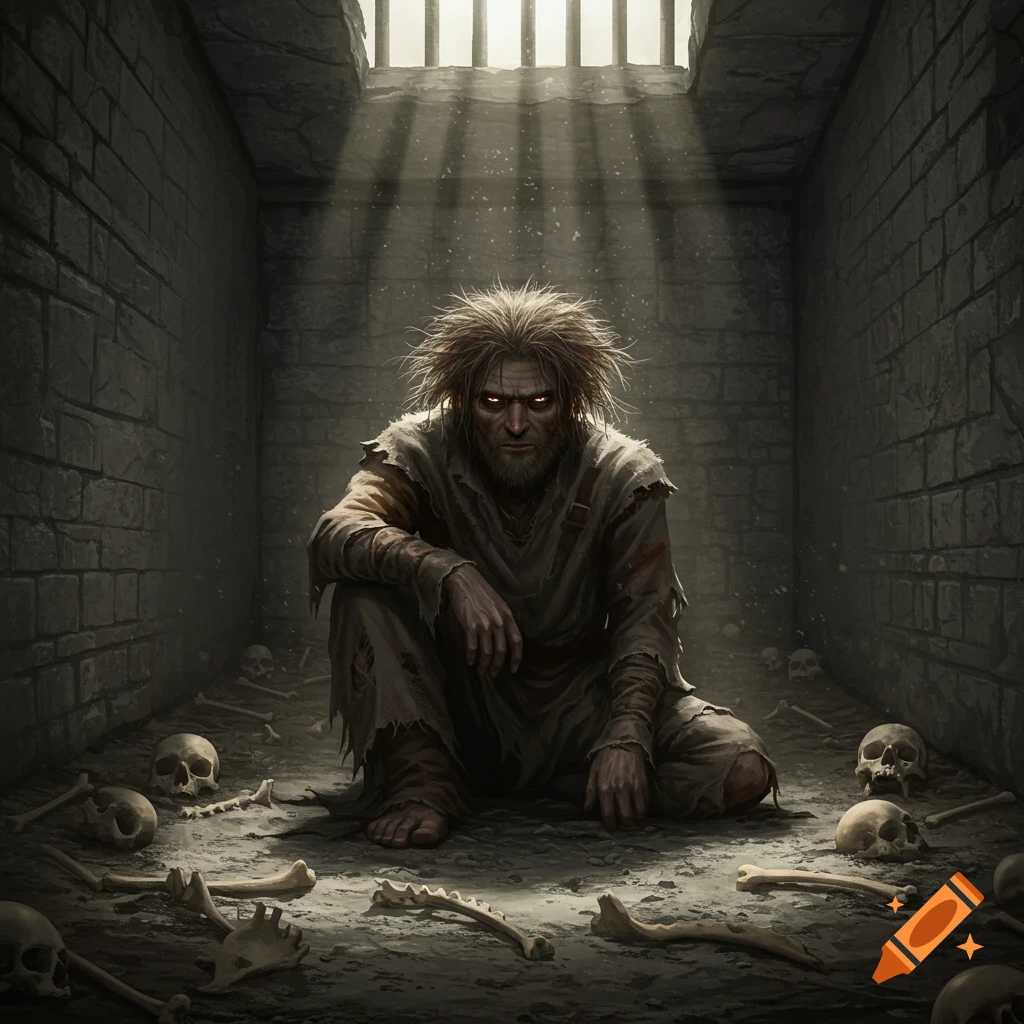 Wild-haired man in rags crouches in a dark, bone-strewn prison cell with light from a barred window. Dark fantasy art style.