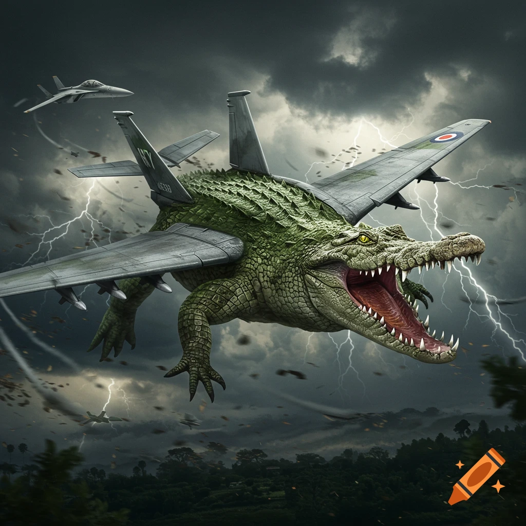 A monstrous crocodile with warplane wings and tail fins flies through a dark, stormy sky with lightning and other jets in the background. Its mouth is open, revealing sharp teeth.