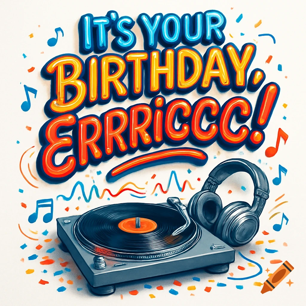 A colorful birthday card with the text 'It's YOUR BIRTHDAY. ERRRICCC!', featuring a turntable and headphones.