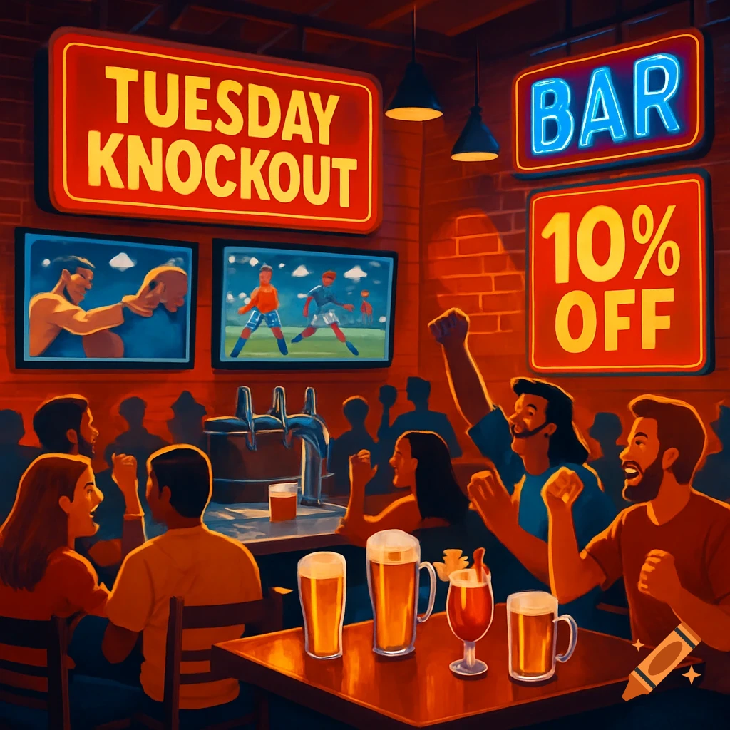 Stylized sports bar scene with patrons watching sports, drinking beer, and neon signs saying "Tuesday Knockout," "Bar," "10% Off."