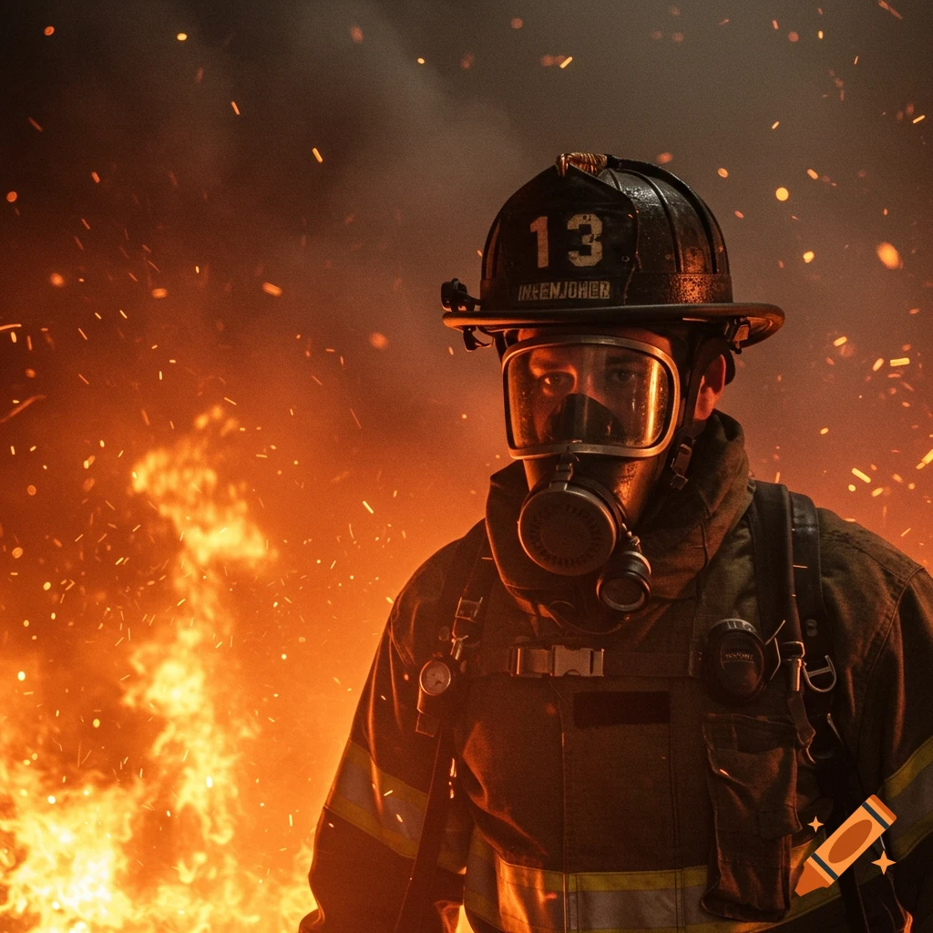 Photorealistic image of a firefighter in a helmet and gas mask, surrounded by intense flames and sparks.