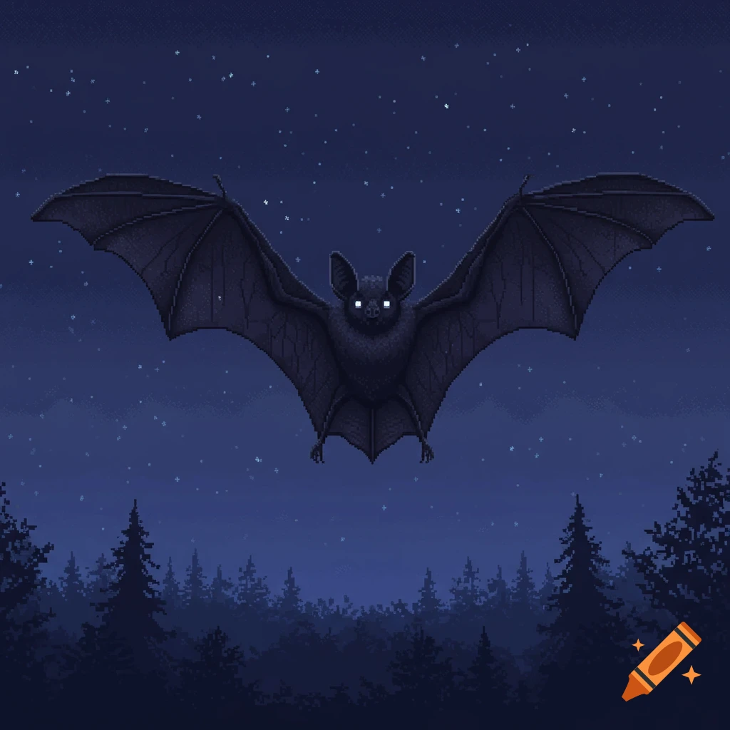 Symmetric pixel art of a dark bat with glowing eyes flying against a starry night sky over a silhouette forest.