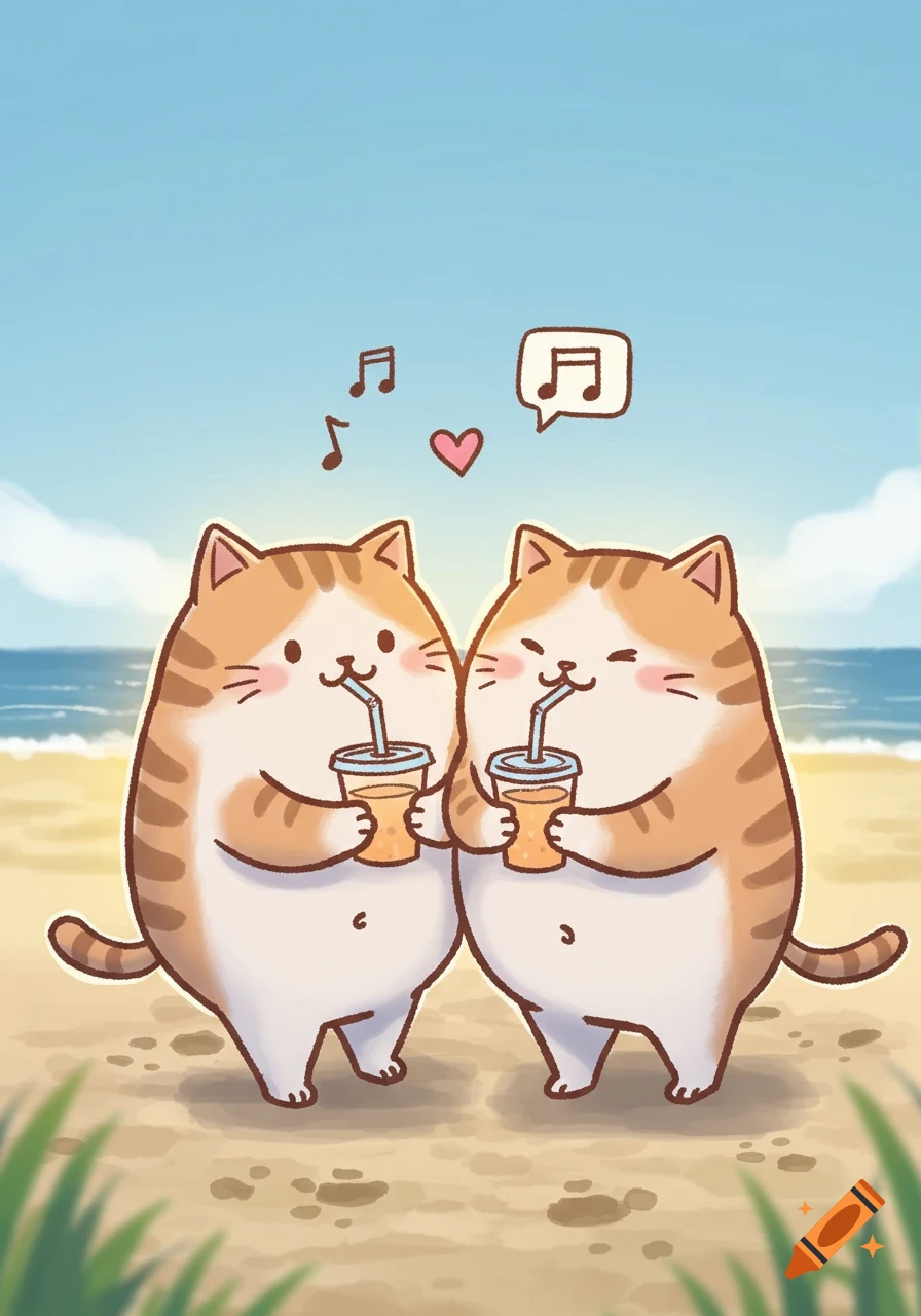 Two cute, chubby cartoon cats with orange stripes drink from cups on a sunny beach, with musical notes and a heart above them.
