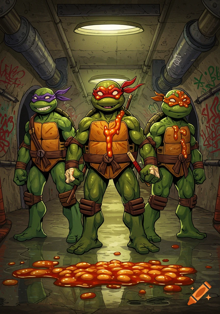 Three cartoon Teenage Mutant Ninja Turtles with baked bean eye masks stand in a grungy sewer, with beans on the floor.