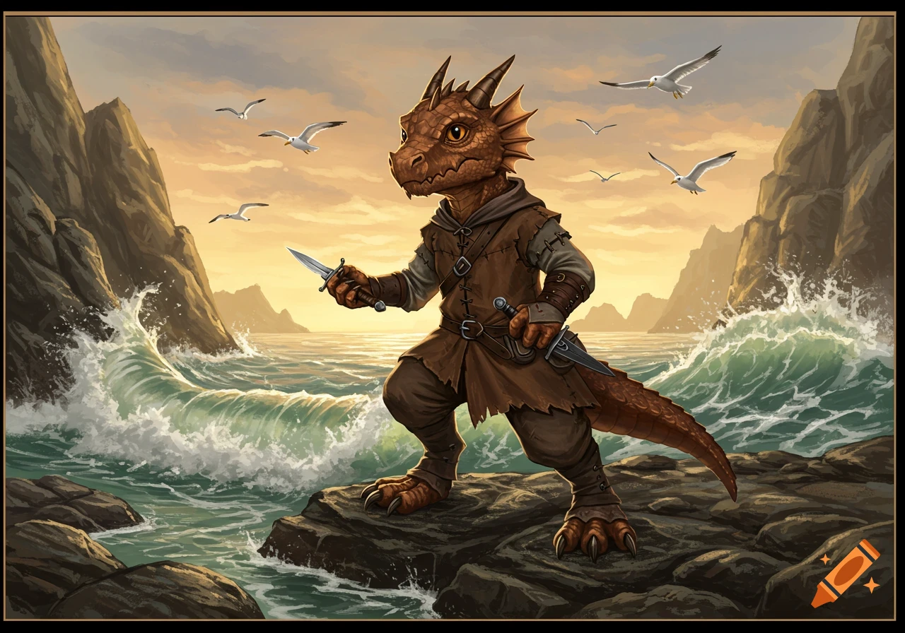 Bronze-scaled kobold in leather armor holds daggers on a rocky beach with crashing waves and seagulls at sunset.