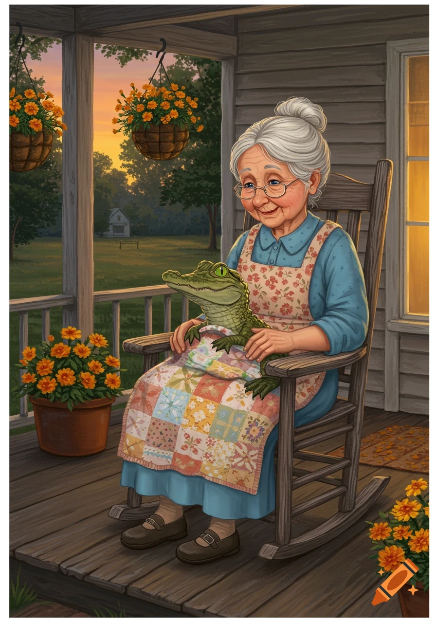 An illustration of an elderly woman holding a baby alligator wrapped in a quilt on a porch rocking chair at sunset.