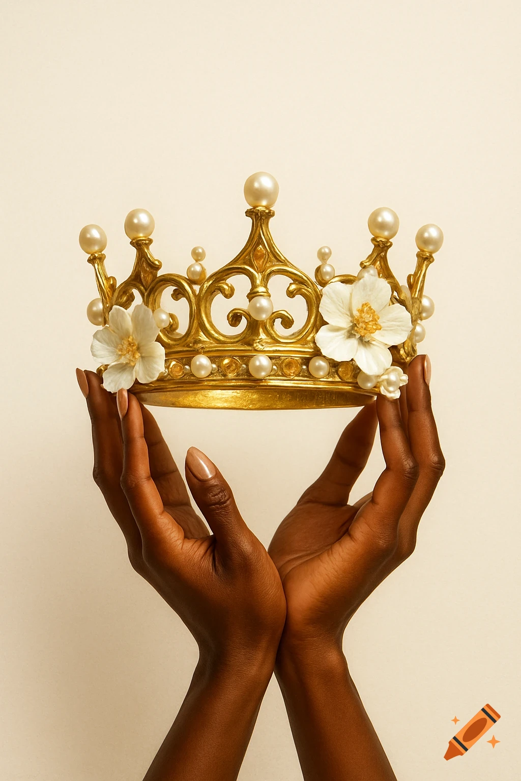 Dark-skinned hands gently hold a golden crown adorned with pearls and white flowers on an ivory background.