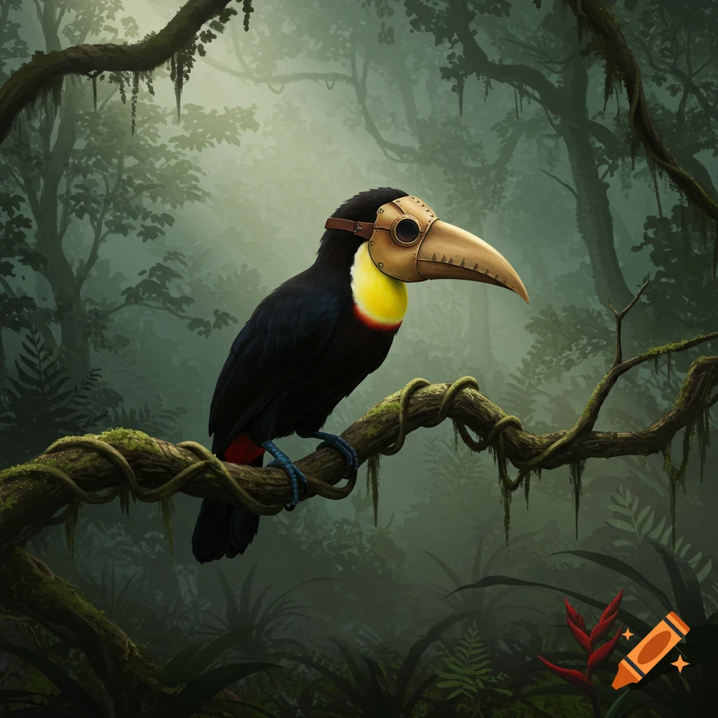 A black toucan wearing a plague doctor mask sits on a mossy branch in a misty, dark jungle. Detailed illustration.