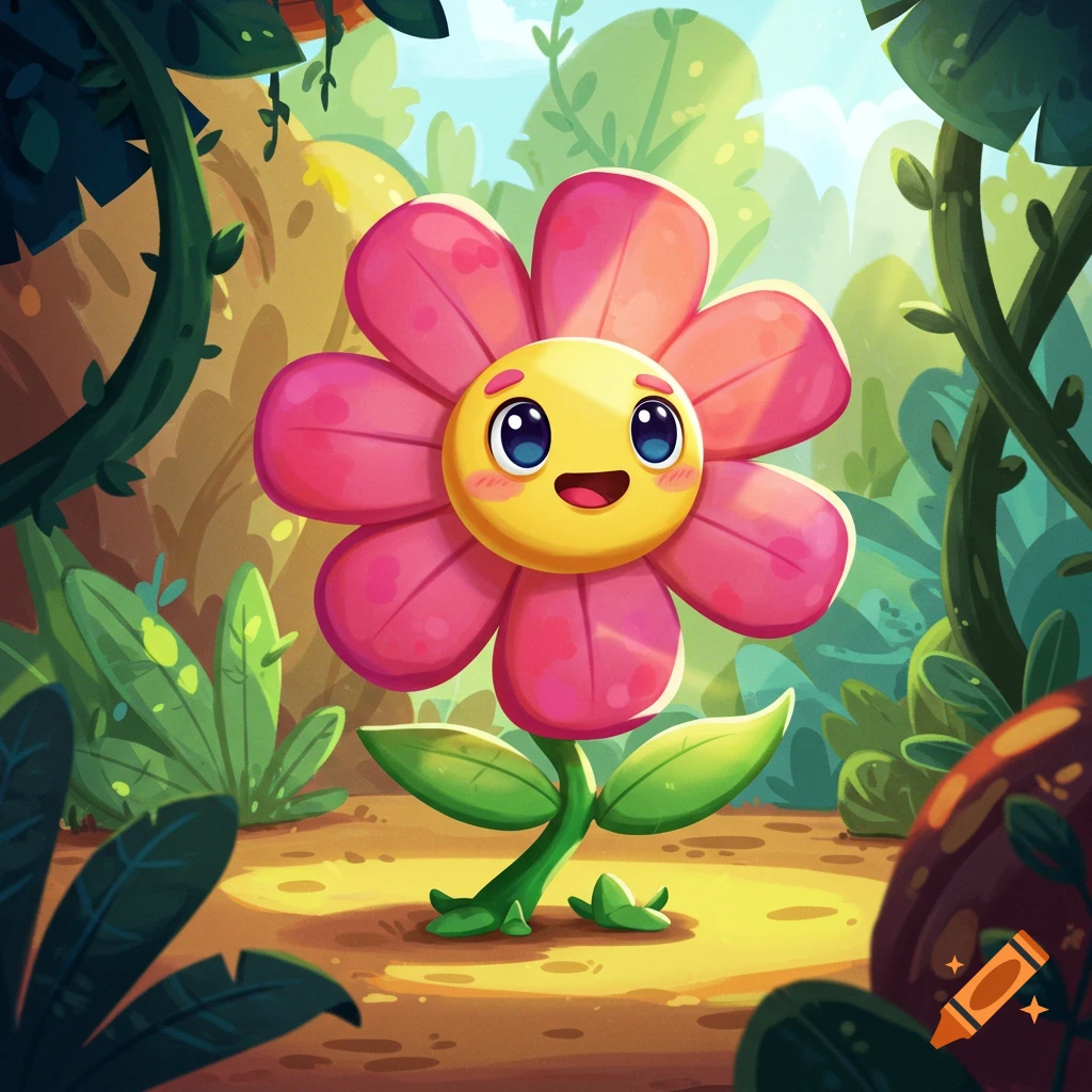 A cute, smiling pink flower with a yellow face and blue eyes stands in a lush, green cartoon forest.