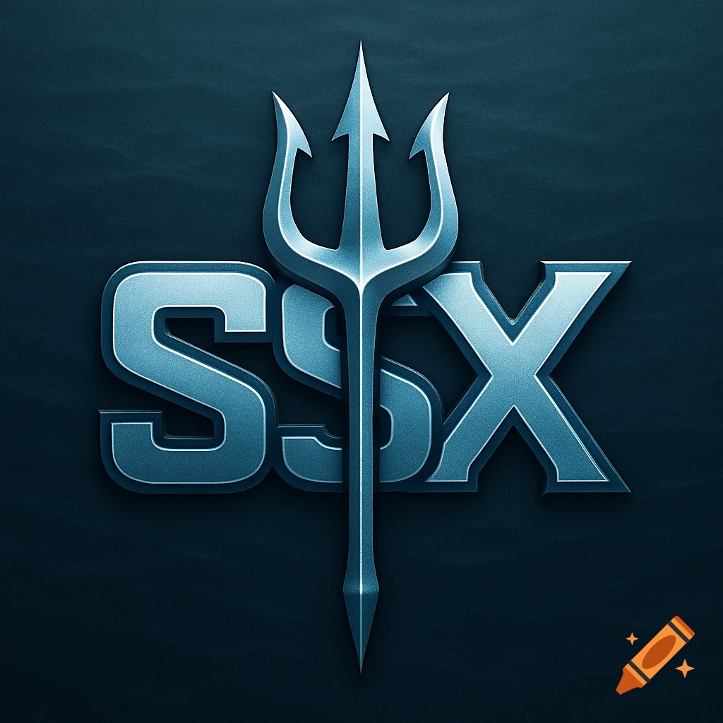 A metallic dark blue logo featuring the letters 'SSX' with a silver trident piercing through the 'SS' against a textured dark background.