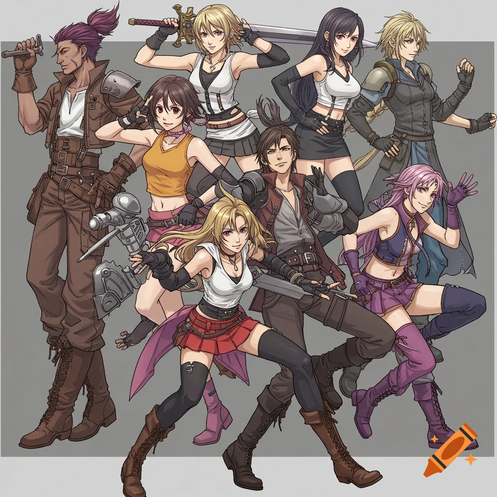 A group of nine anime-style characters, both male and female, in dynamic poses, dressed in fantasy outfits.
