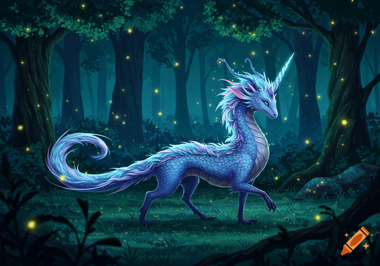 A vibrant blue and purple dragon-like creature with a unicorn horn walks through a dark, firefly-lit enchanted forest.