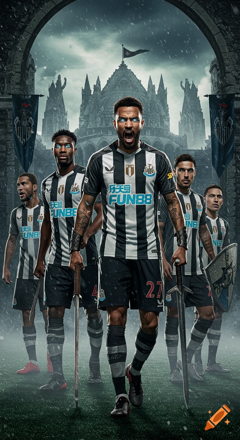 Newcastle United football players depicted as fierce warriors with swords and shields in front of a gothic castle in the rain.
