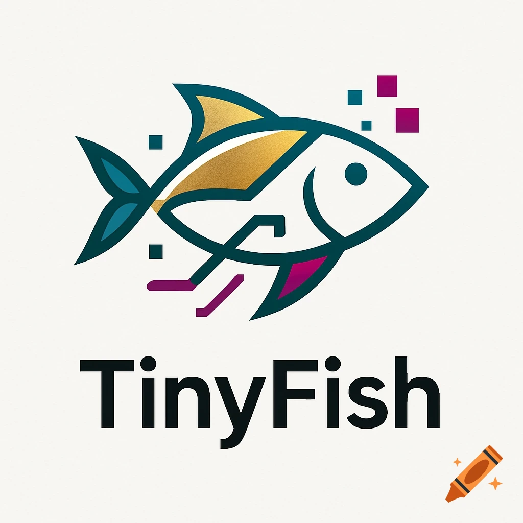 A modern logo featuring a stylized fish outline in teal, gold, and magenta, with digital square elements, above the text "TinyFish" in black.