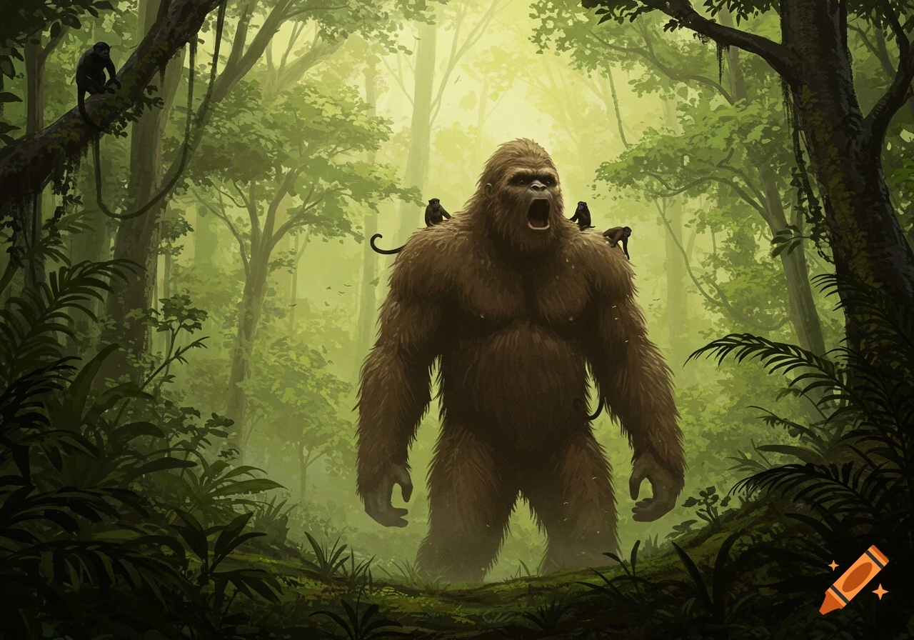 A large, brown Bigfoot roars in a vibrant, misty jungle, with small monkeys on its shoulders. Digital art.
