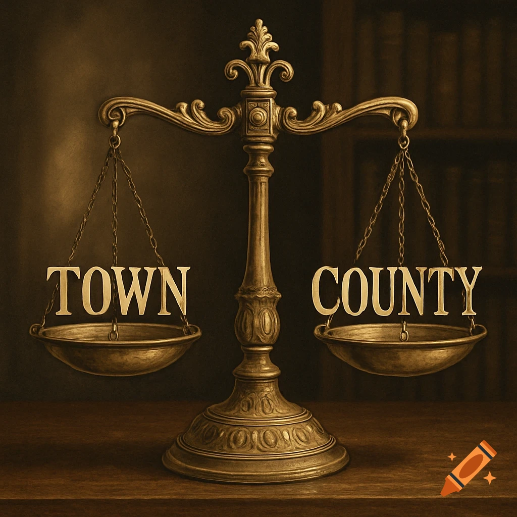 An old brass weighing scale balances the golden words 'TOWN' and 'COUNTY' in its pans, against a dark, warm background.