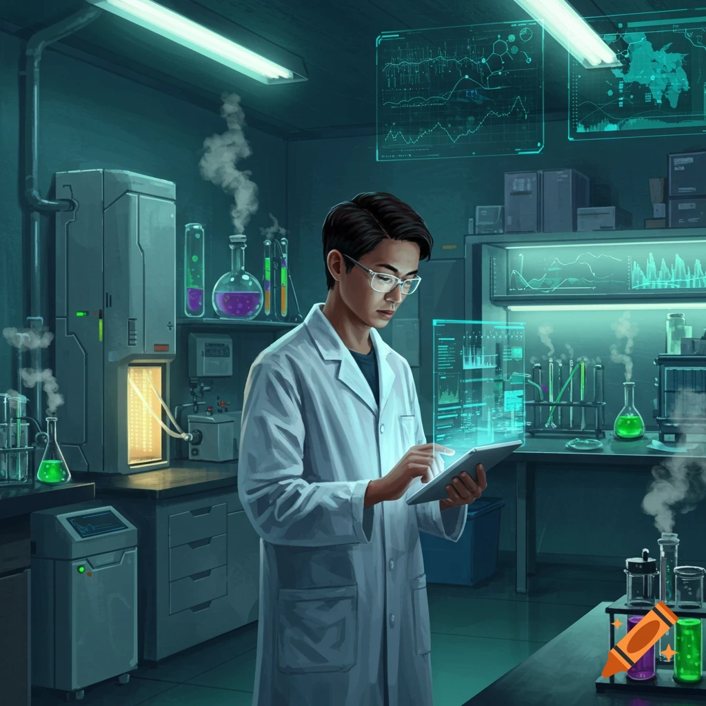 A young scientist in a lab coat and glasses uses a glowing tablet in a futuristic, neon-lit laboratory with bubbling beakers and holographic displays.