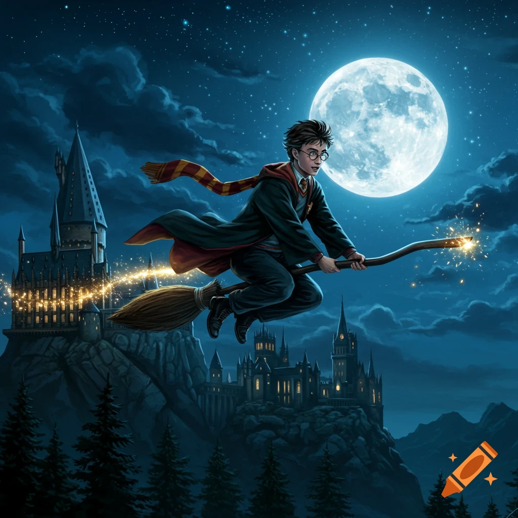 Harry Potter flies on a broomstick over Hogwarts castle at night under a bright full moon, in an illustrated style.