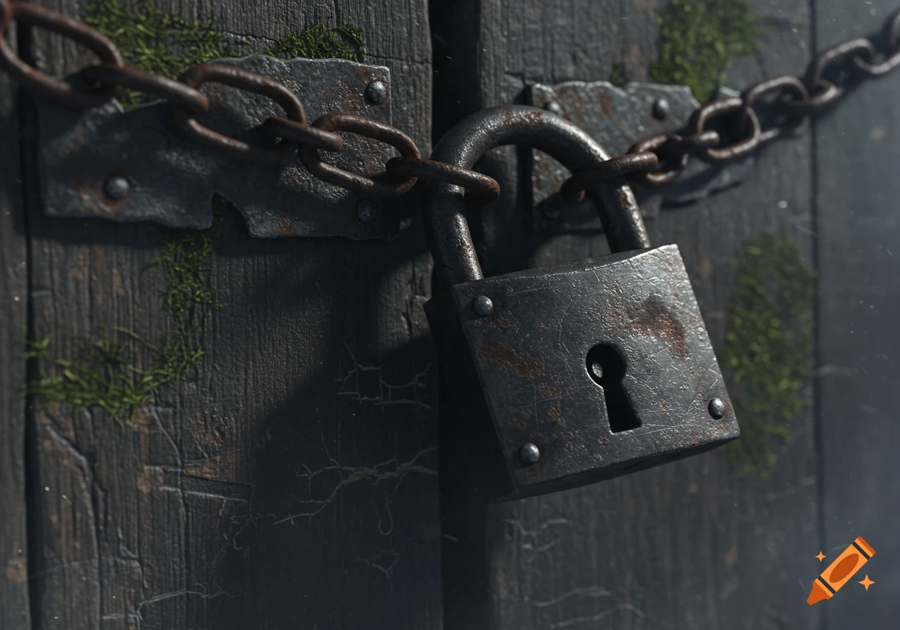 A close-up, photorealistic image of a rusty metal padlock and chain securing an old, weathered wooden door with moss growing on it.