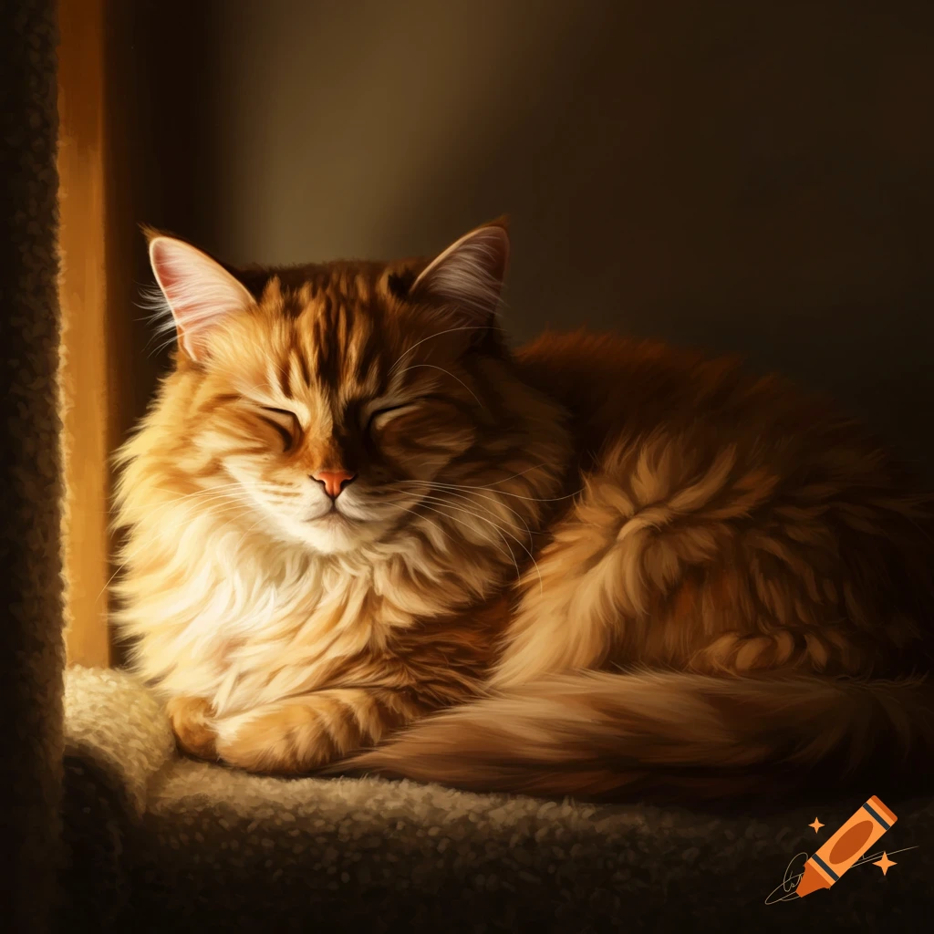 An orange cat with closed eyes sleeping peacefully in warm sunlight on a plush surface.