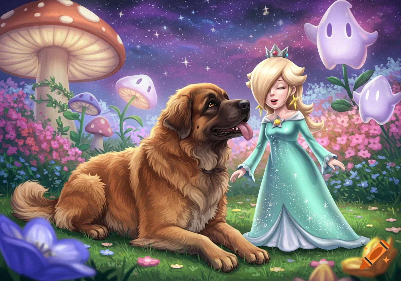 Rosalina and a large brown dog in a fantasy forest with glowing mushrooms and a starry night sky, digital art.