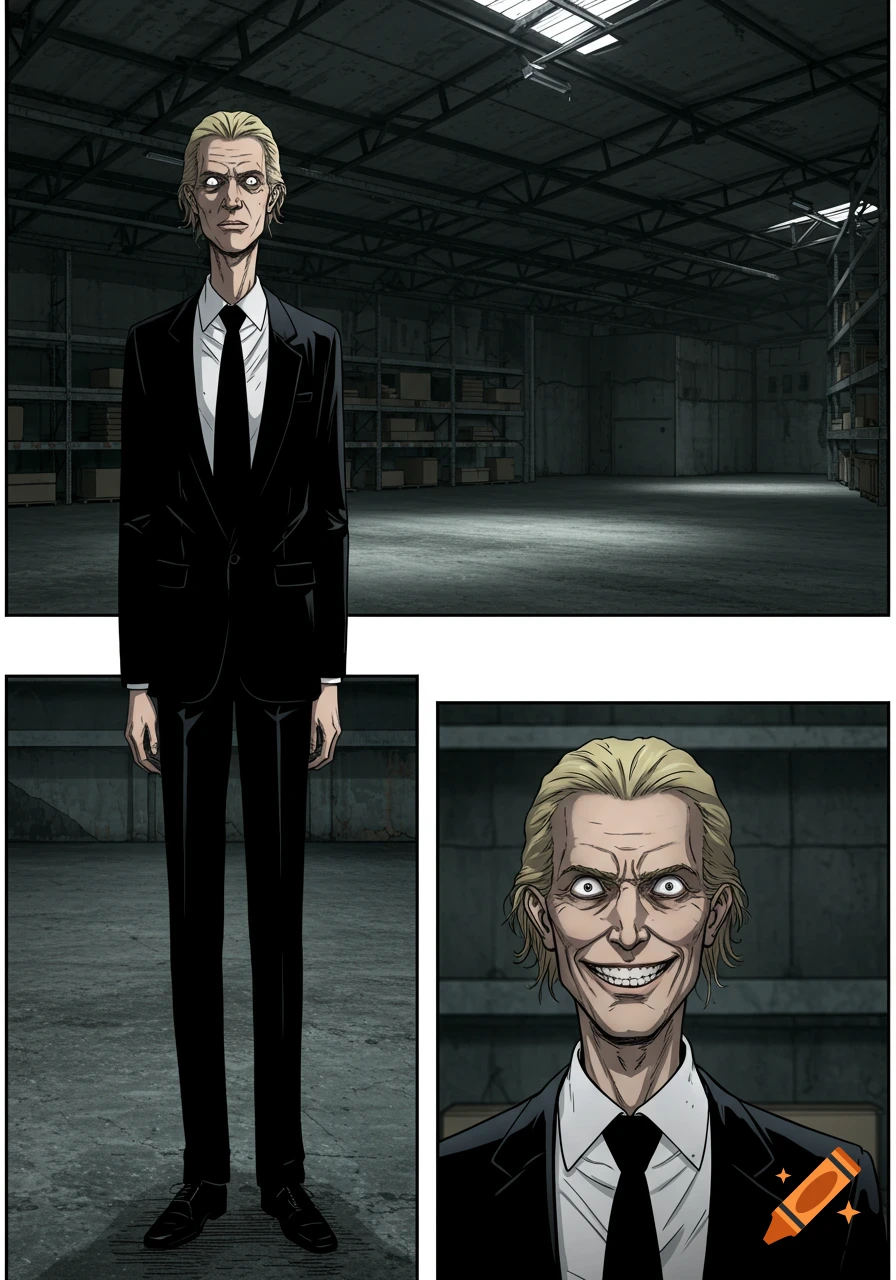 A tall, skinny blond man in a black suit with a creepy smile and wide eyes in a dark warehouse, in manga style.