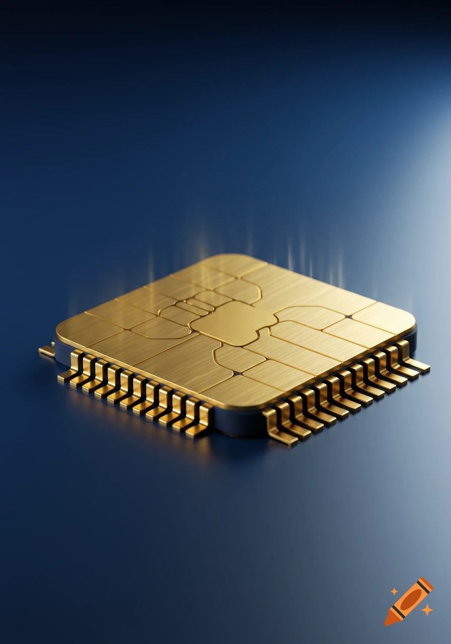 Detailed isometric close-up of a golden EMV chip on a reflective blue surface, with subtle light rays emanating from it.