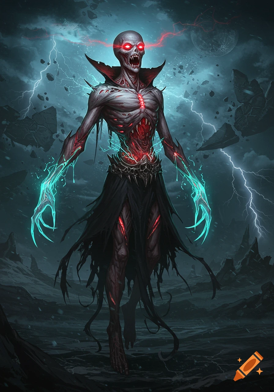 A grotesque zombie-vampire monster with glowing red eyes, exposed chest, and crackling turquoise energy claws, stands in a stormy, desolate landscape.