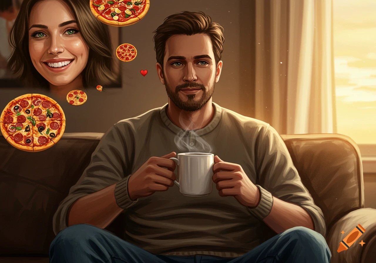 A man sits on a couch, holding a mug, thinking about a smiling woman and pizzas, in a digital art style.