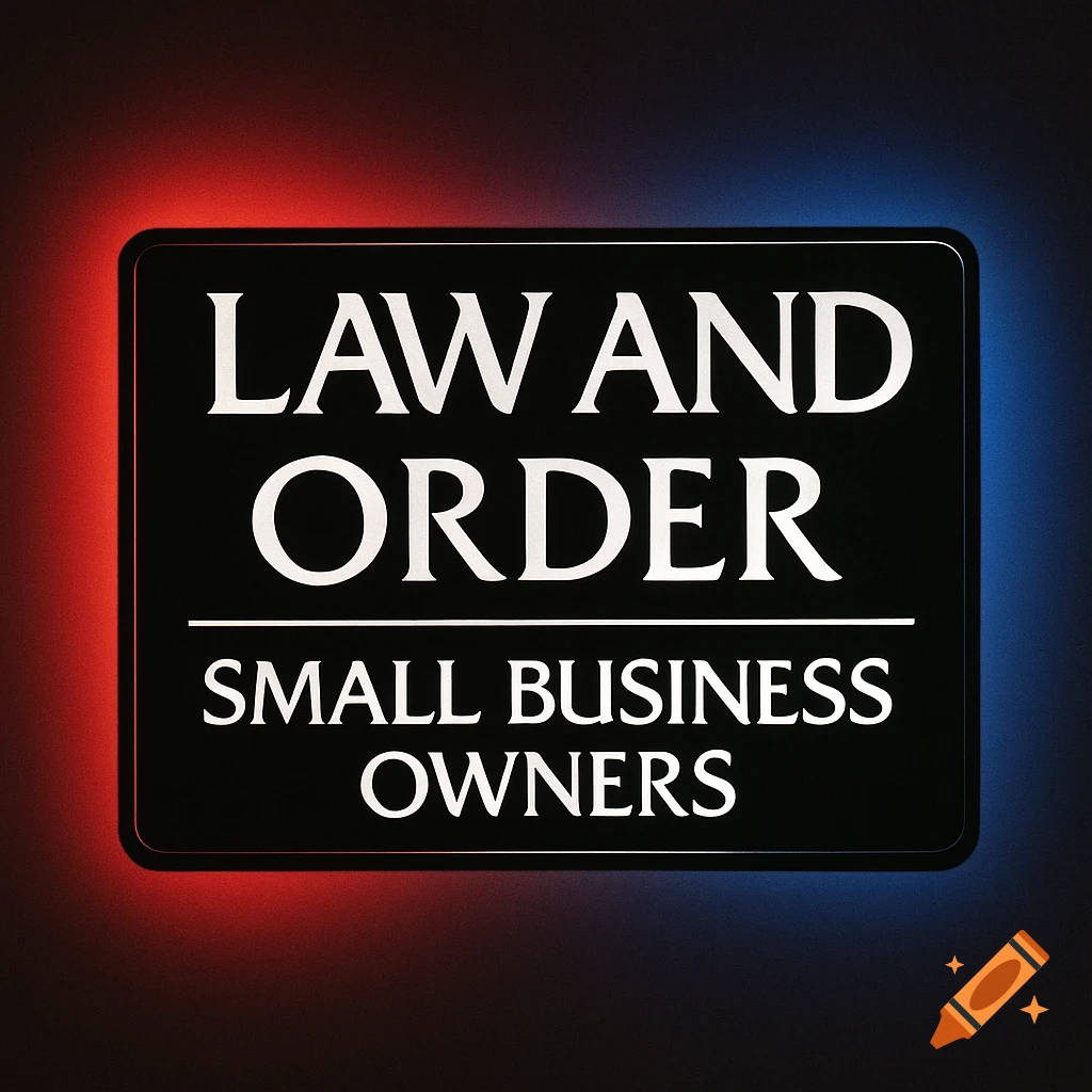 A black sign with white text reading "LAW AND ORDER" on the top line, then a horizontal line, then "SMALL BUSINESS OWNERS". The sign is illuminated by a red glow on the left and a blue glow on the right.