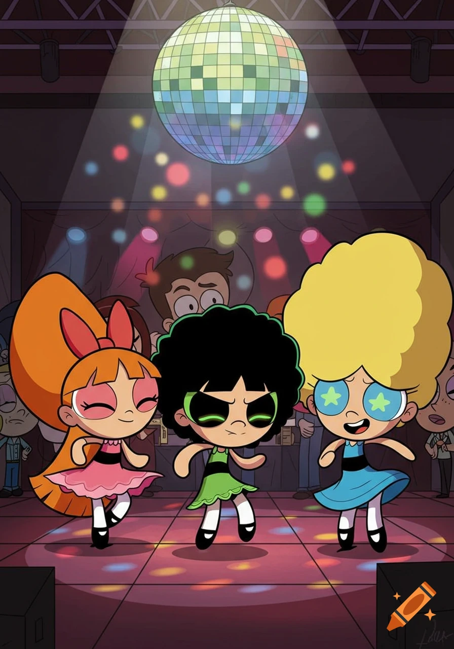 Powerpuff Girls Blossom, Buttercup, and Bubbles with afros and disco outfits dance under a disco ball in Loud House style.