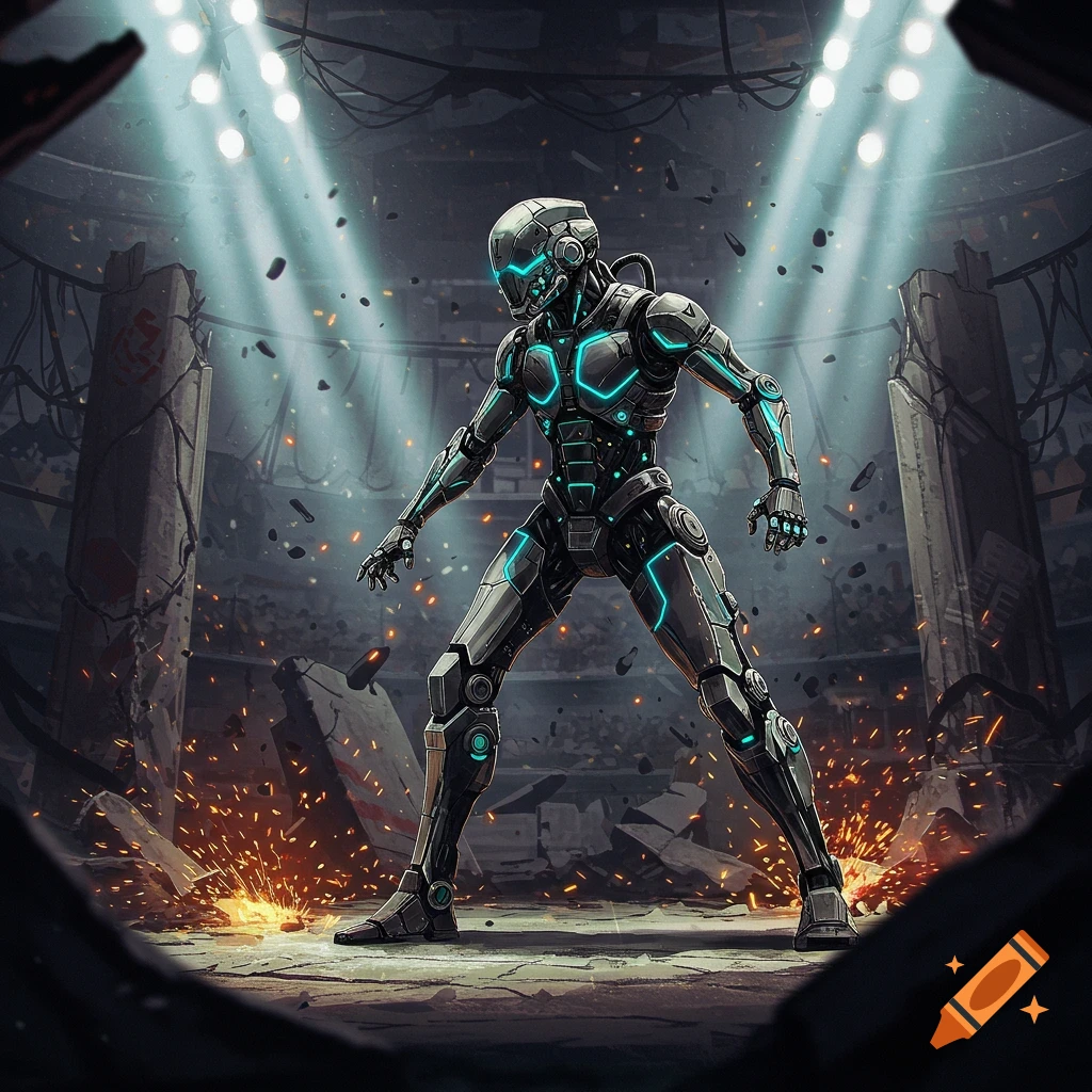 A futuristic gray robot with glowing blue lines stands in a destroyed arena under spotlights with sparks flying.