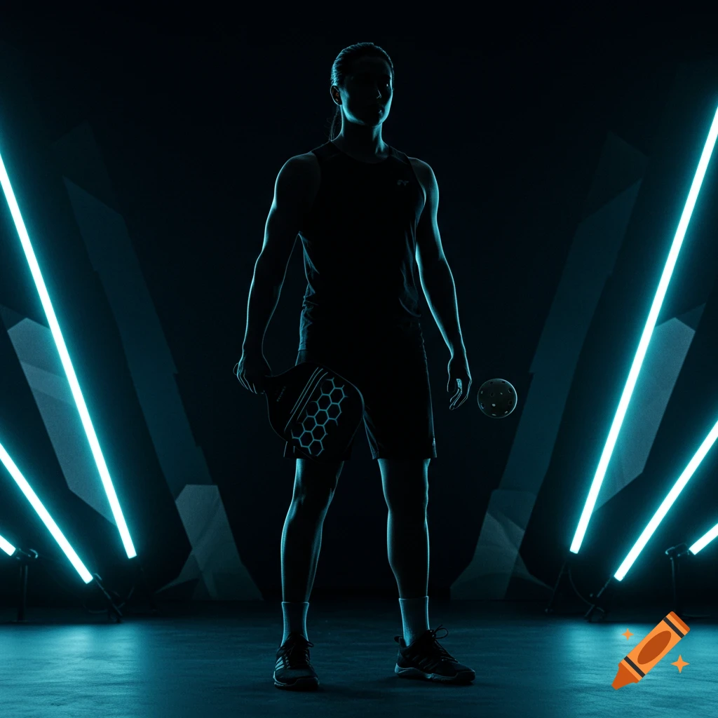 A silhouetted person holding a pickleball paddle and ball, illuminated by neon blue lights in a dark, modern setting.