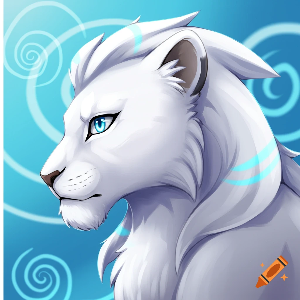 Anime profile of a white lioness with azure eyes and light blue stripes on a swirling blue background.