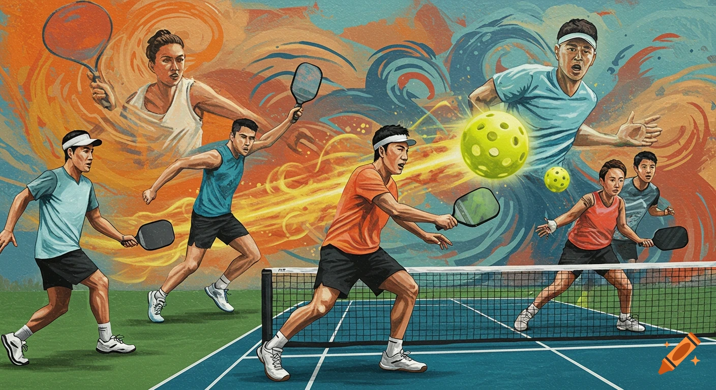 Vibrant painted illustration of multiple athletes playing pickleball on a court, with glowing balls and abstract, energetic background swirls.
