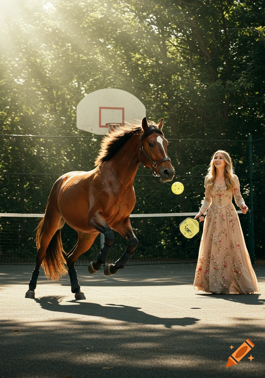 A majestic brown horse rears up on an outdoor court while a woman in a long dress holds a pickleball paddle.