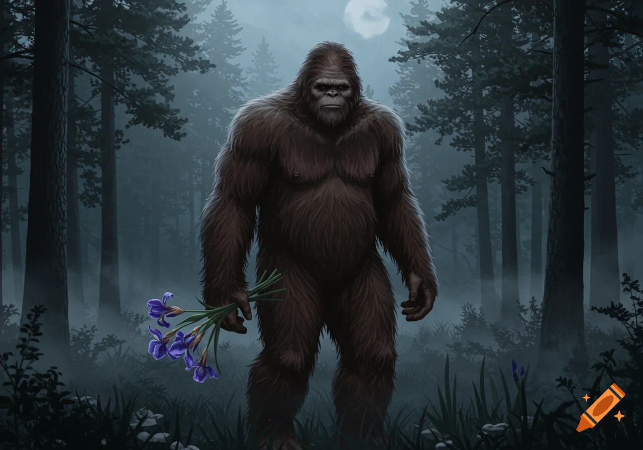 A large, brown, furry Bigfoot stands in a dark, misty forest under a full moon, holding a bouquet of purple iris flowers.