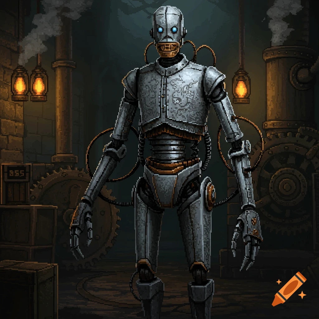 A tall, thin steampunk robot with silver paneling, a metal grill mouth, and blue eyes stands in a dark, pixel art industrial setting.